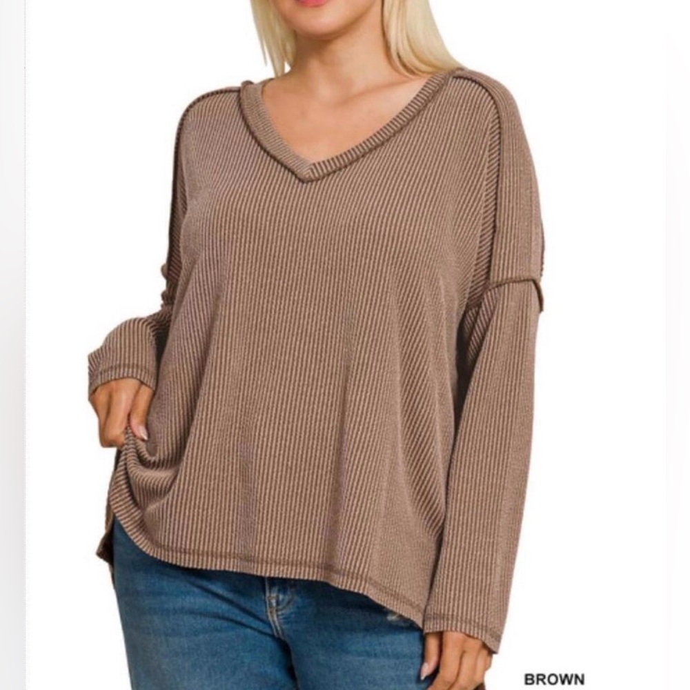 Zenana Ribbed Long Sleeve High-Low Top